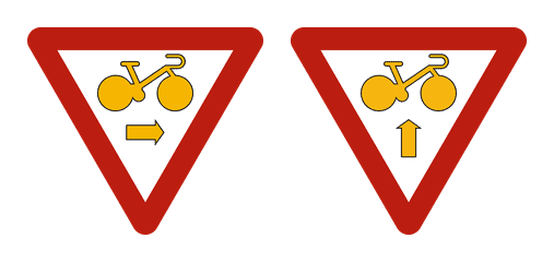 À gauche, B22 : triangle inversé à bord rouge, vélo jaune et flèche vers la droite. À droite, B23 : même forme, avec une flèche vers le haut.