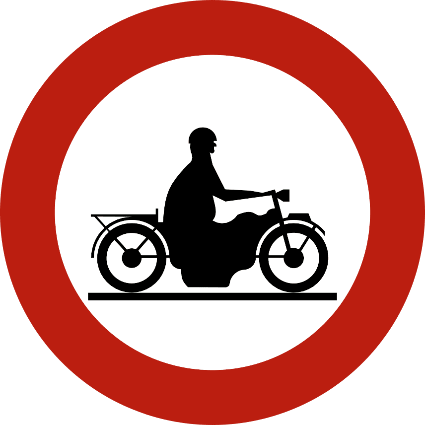 Signal C7 : panneau rond à bord rouge représentant une motocyclette avec son conducteur.