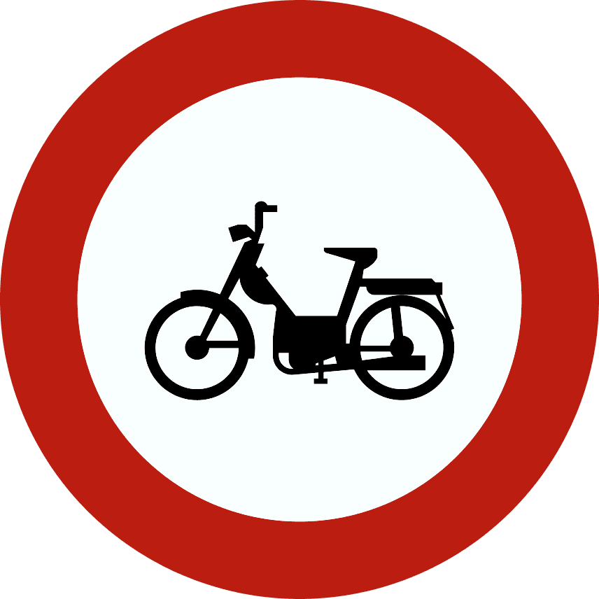 Signal C9 : panneau rond à bord rouge représentant un cyclomoteur sans conducteur.