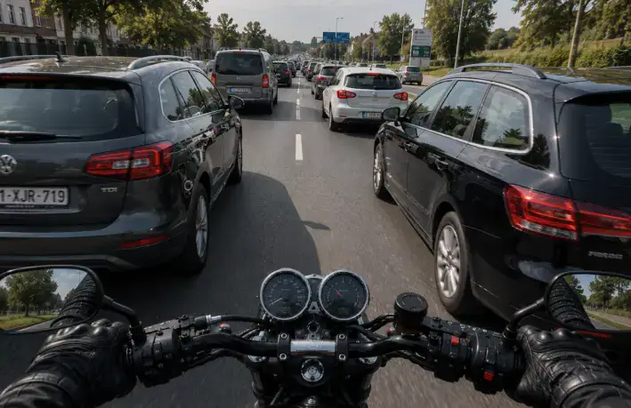 Vue depuis une moto entre deux files de voitures, de part et d’autre d’une ligne discontinue.