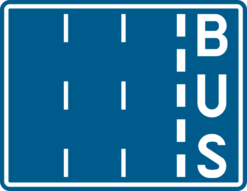 Signal F17 : panneau bleu montrant une bande « BUS » à droite, séparée des autres bandes par une ligne blanche discontinue.