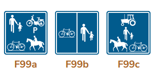 De gauche à droite : F99a avec piétons, vélo, cavalier et cyclomoteur marqué P ; F99b avec vélo à gauche et piétons à droite d’une ligne blanche verticale ; F99c avec tracteur, piétons, cavalier et vélo.