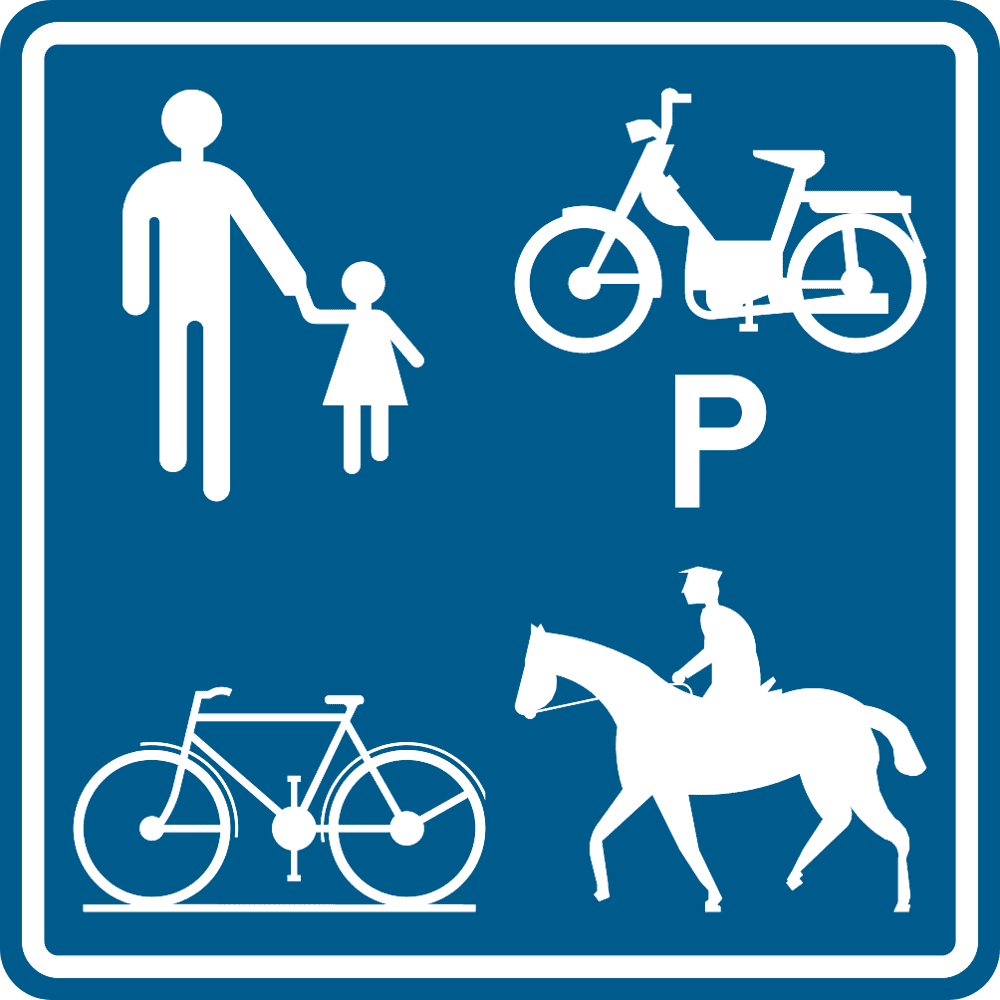 Signal F99a : pictogrammes blancs de piétons, d’un vélo, d’un cavalier et d’un deux-roues accompagné de la lettre P, sur fond bleu.