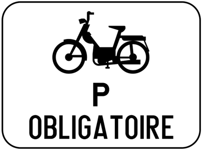 Panneau M13 : pictogramme de cyclomoteur, lettre P et mention « OBLIGATOIRE ».