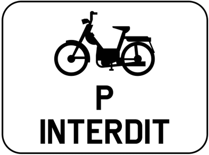 Panneau M15 : pictogramme de cyclomoteur, lettre P et mention « INTERDIT ».