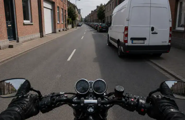 Vue depuis une moto à l’approche d’une camionnette au bord droit de la chaussée, avec un espace libre à sa gauche.