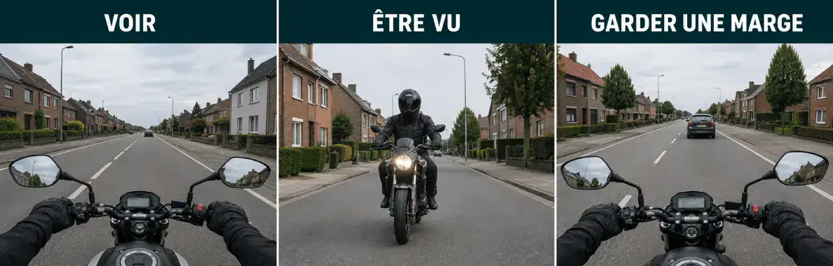 Trois vues : route devant la moto (« voir »), motard de face avec le phare allumé (« être vu »), voiture suivie à distance (« garder une marge »).