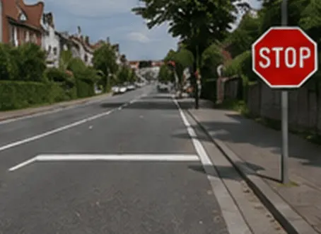 Signal STOP à droite et ligne blanche transversale sur la chaussée.