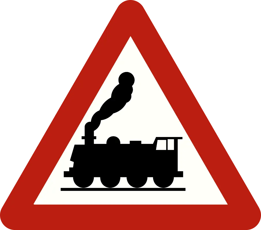 Signal A43 : triangle à bord rouge contenant une locomotive à vapeur noire.