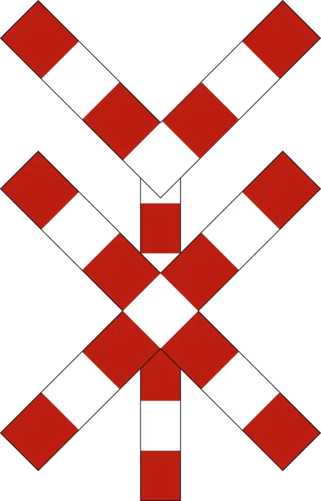 Signal A47 : croix de Saint-André rouge et blanche surmontée de deux branches supplémentaires formant un V.