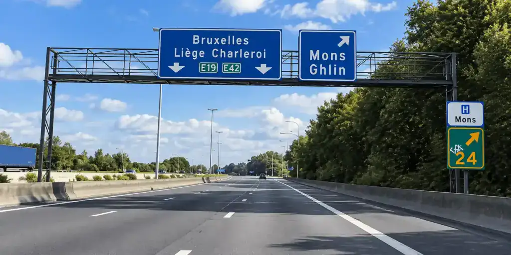 Deux flèches vers le bas indiquent les bandes vers Bruxelles, Liège et Charleroi ; une flèche oblique vers la droite indique la sortie Mons–Ghlin.