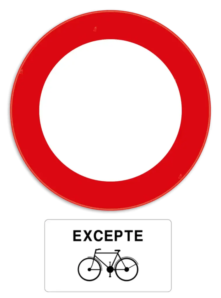Signal d’accès interdit à tout conducteur, complété par un panneau blanc portant « EXCEPTÉ » et un symbole de vélo.
