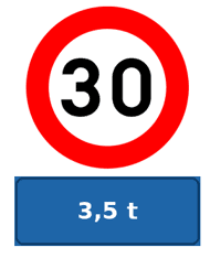 Signal de limitation à 30 km/h complété par un panneau bleu portant « 3,5 t ».