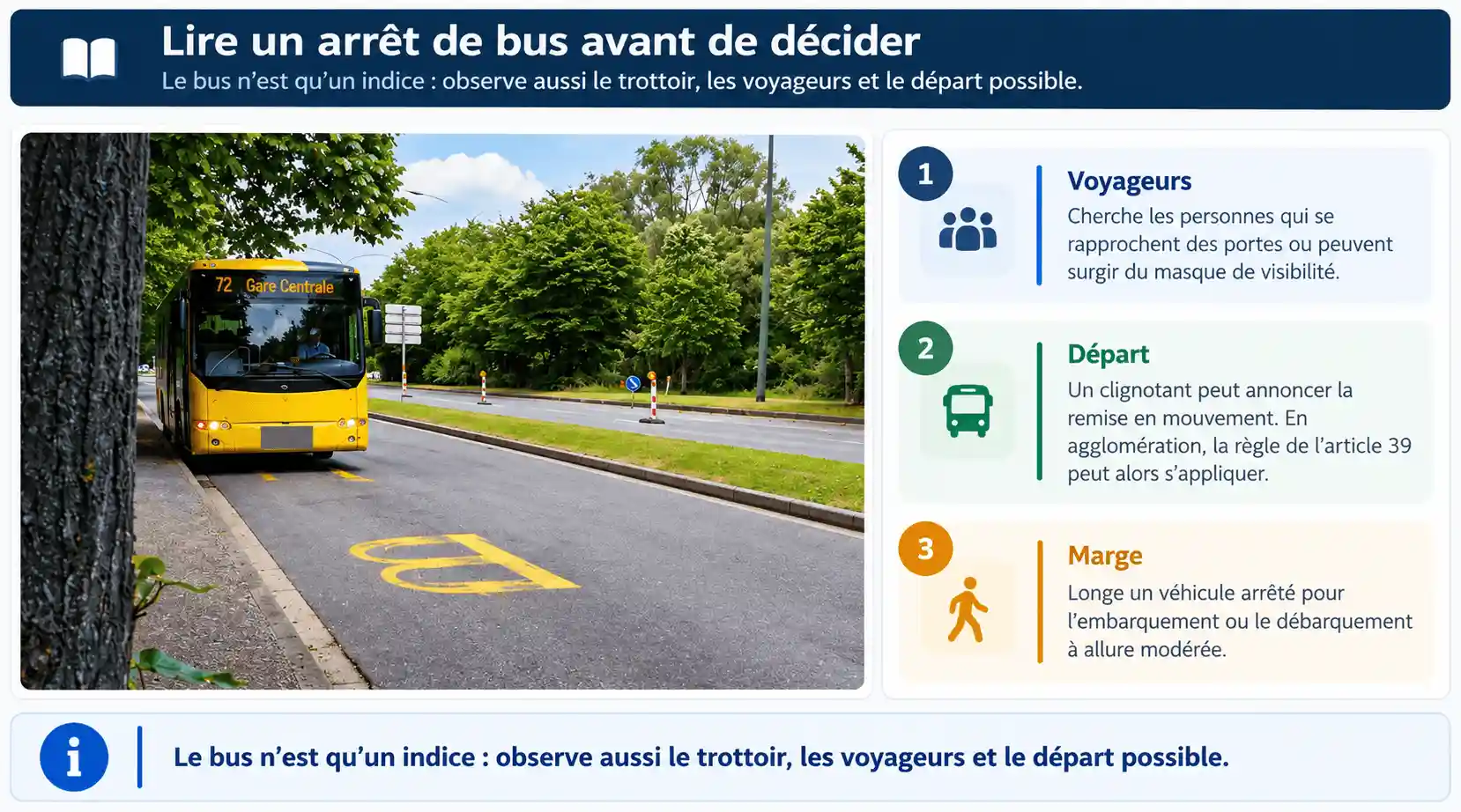Bus jaune arrêté le long du trottoir, avec trois points d’attention : les voyageurs, le départ du bus et la marge de sécurité.