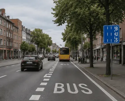 Bande à droite portant l’inscription BUS, séparée par un damier blanc et signalée par un panneau F17 ; un bus y circule.