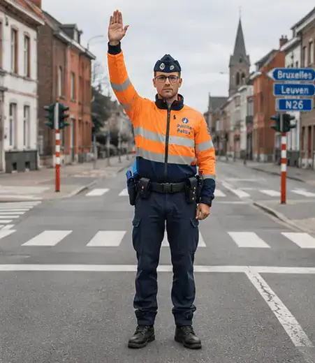 Agent de police vu de face, un bras levé verticalement et l’autre le long du corps.
