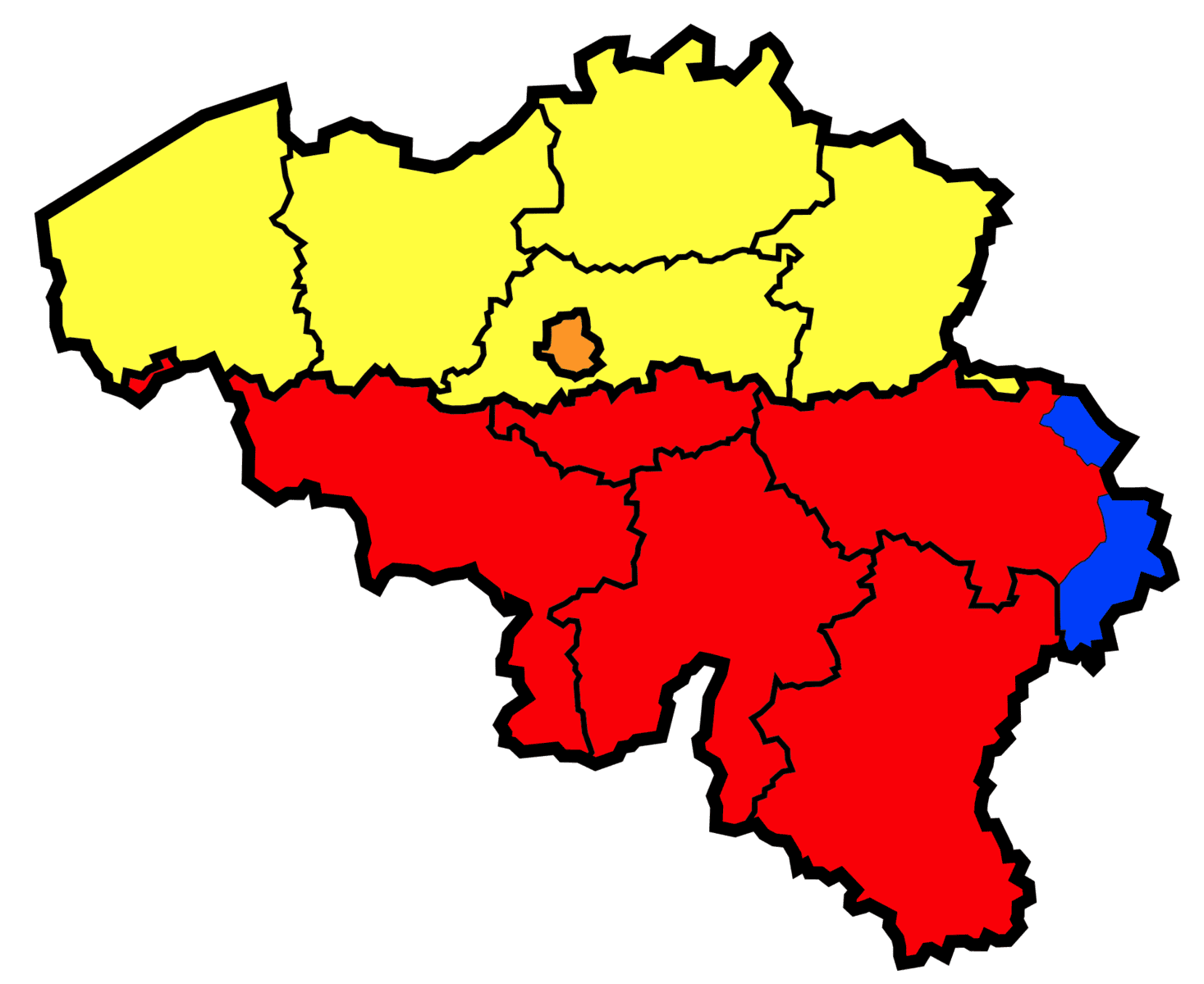 Carte des trois Régions belges, avec le territoire de la Communauté germanophone en bleu dans l’est de la Wallonie.