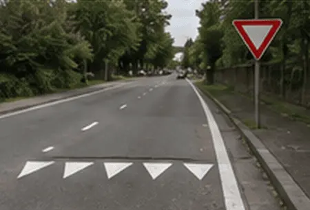 Signal « céder le passage » à droite et rangée transversale de triangles blancs, pointes dirigées vers le conducteur.