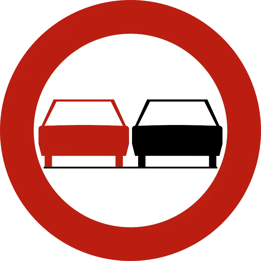 Signal C35 : disque à bord rouge, avec une voiture rouge à gauche et une voiture noire à droite.