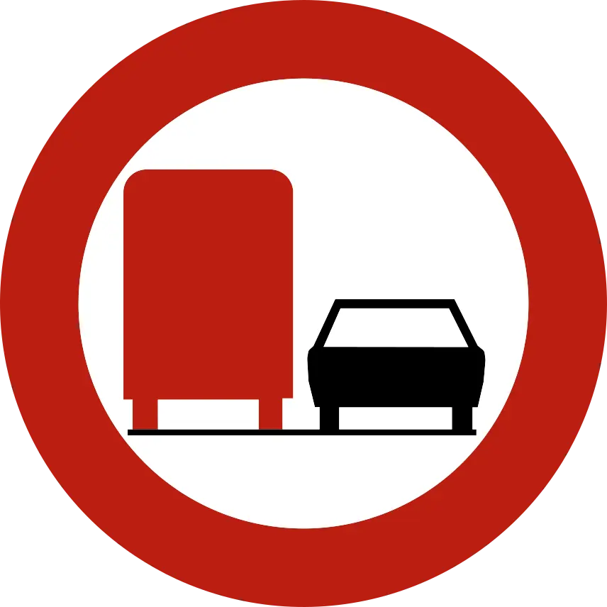 Signal C39 : disque à bord rouge, avec un camion rouge à gauche et une voiture noire à droite.