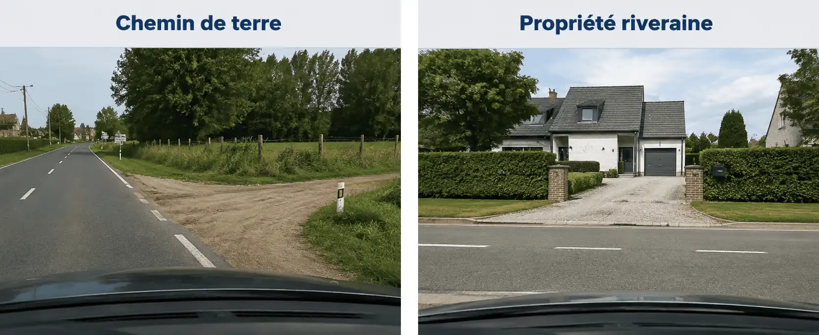 À gauche, un chemin de terre rejoint une route asphaltée ; à droite, l’allée d’une maison débouche sur la chaussée.