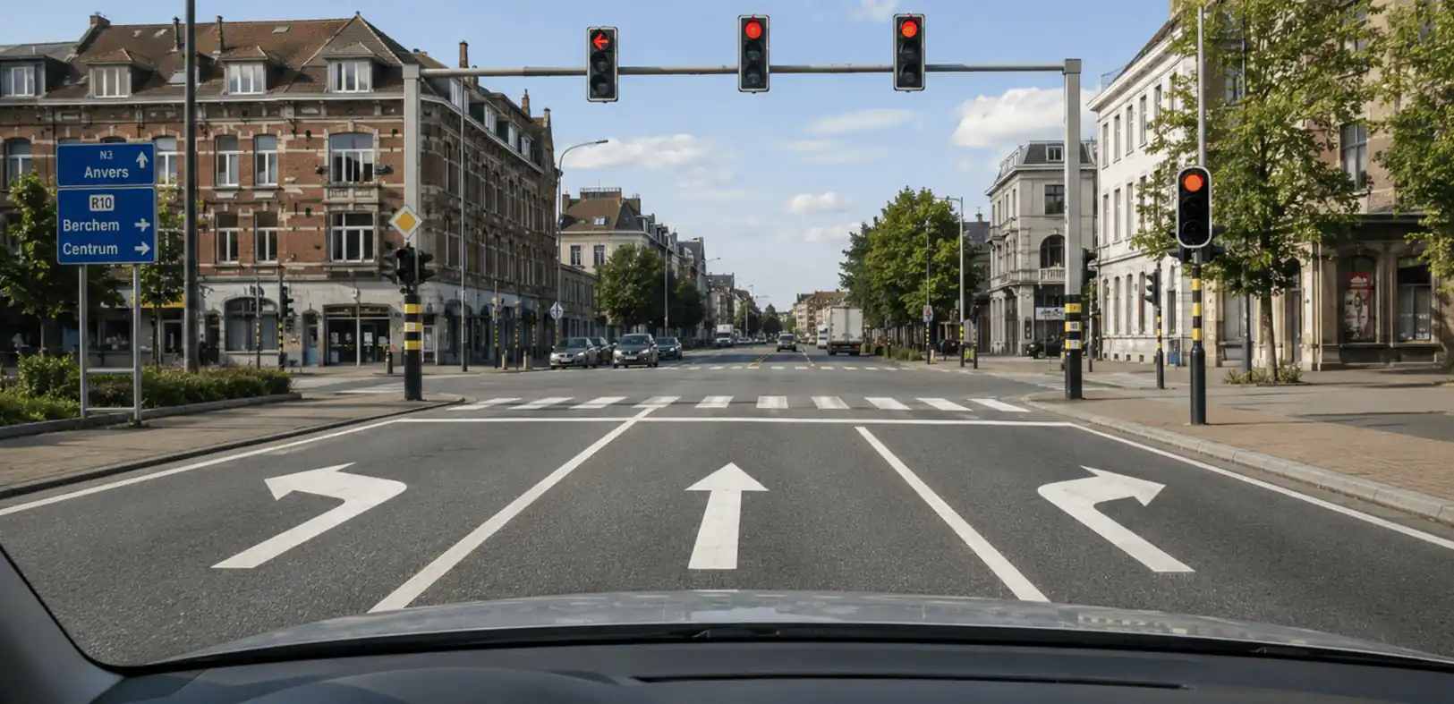Avant un carrefour aux feux rouges, trois bandes portent des flèches indiquant, de gauche à droite : tourner à gauche, aller tout droit et tourner à droite.