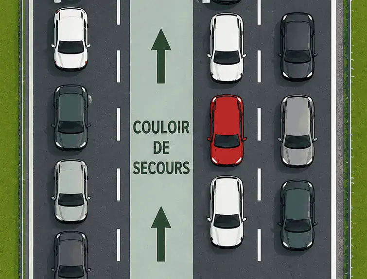 Vue de dessus : espace vert marqué « Couloir de secours », entre une file de véhicules à gauche et deux files à droite.