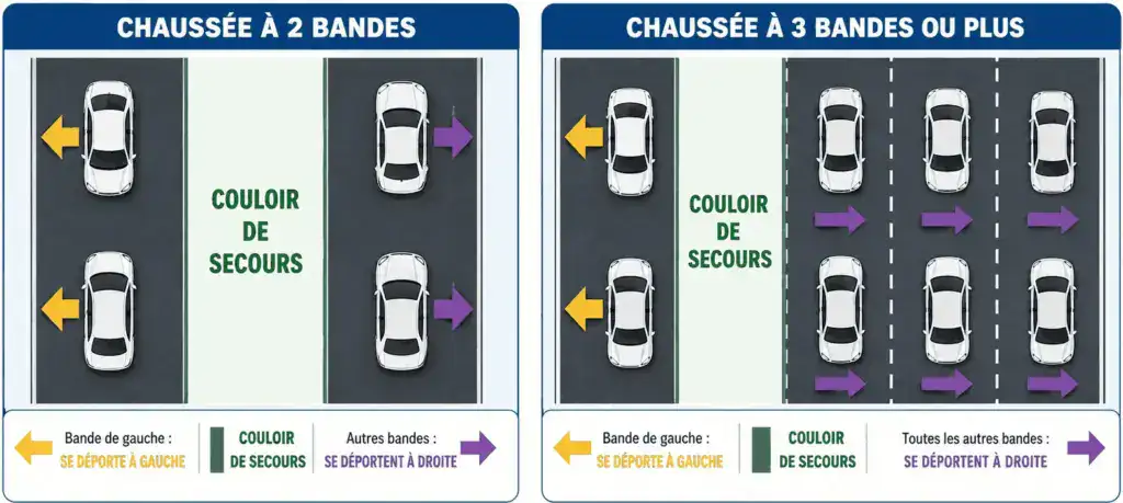 Deux schémas, pour une chaussée à deux bandes et une chaussée à trois bandes ou plus : flèches jaunes vers la gauche pour la file de gauche, flèches violettes vers la droite pour toutes les autres files, laissant un couloir entre elles.
