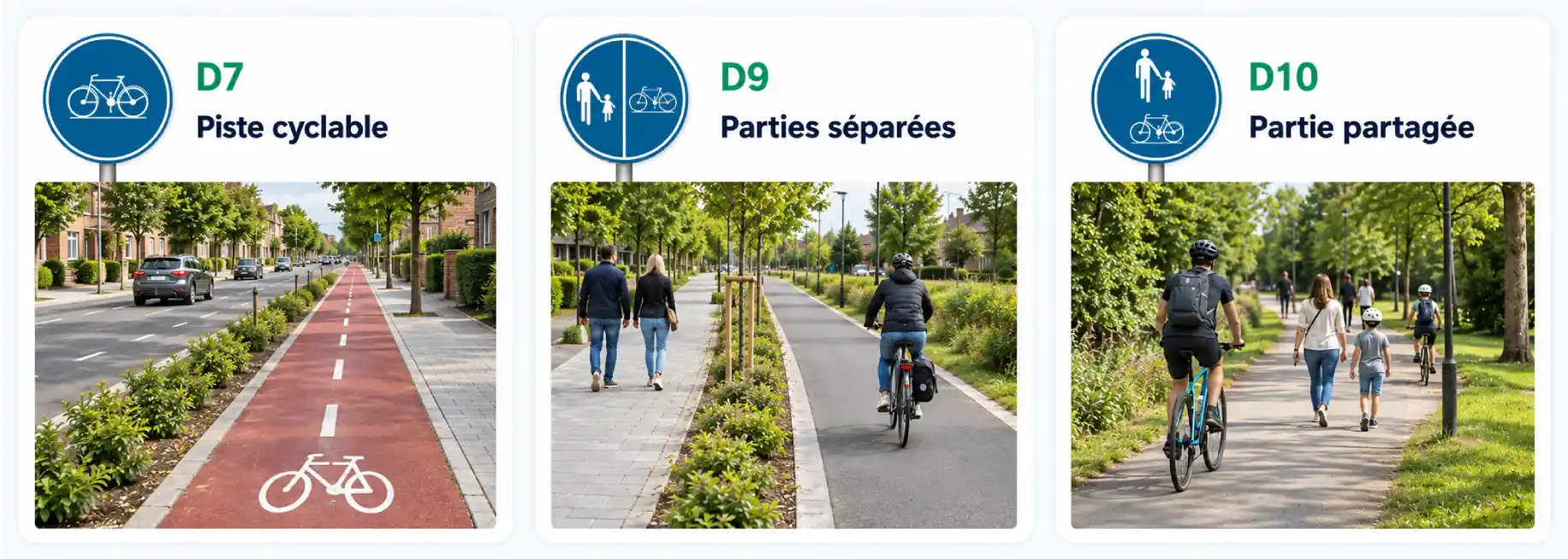 D7 : vélo seul. D9 : piétons à gauche et vélo à droite, séparés par un trait vertical. D10 : piétons au-dessus du vélo, sans séparation. Les photos montrent respectivement une piste cyclable, deux espaces séparés et un chemin partagé.