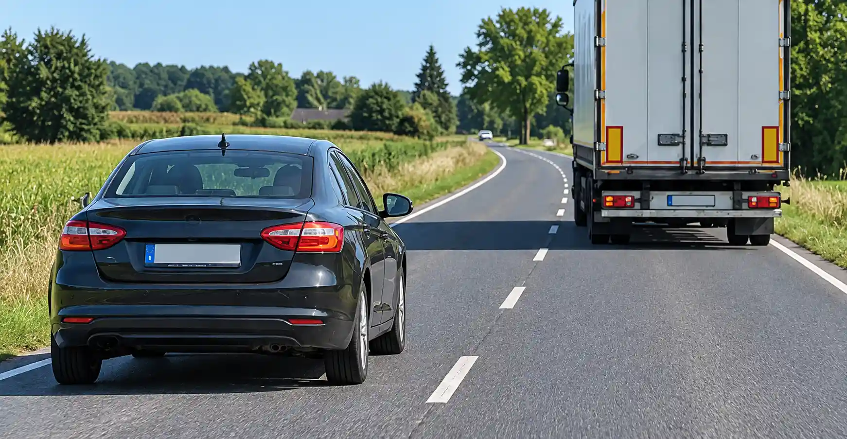 Une voiture dépasse un camion à gauche de la ligne discontinue, tandis qu’une autre voiture arrive en sens inverse au loin.