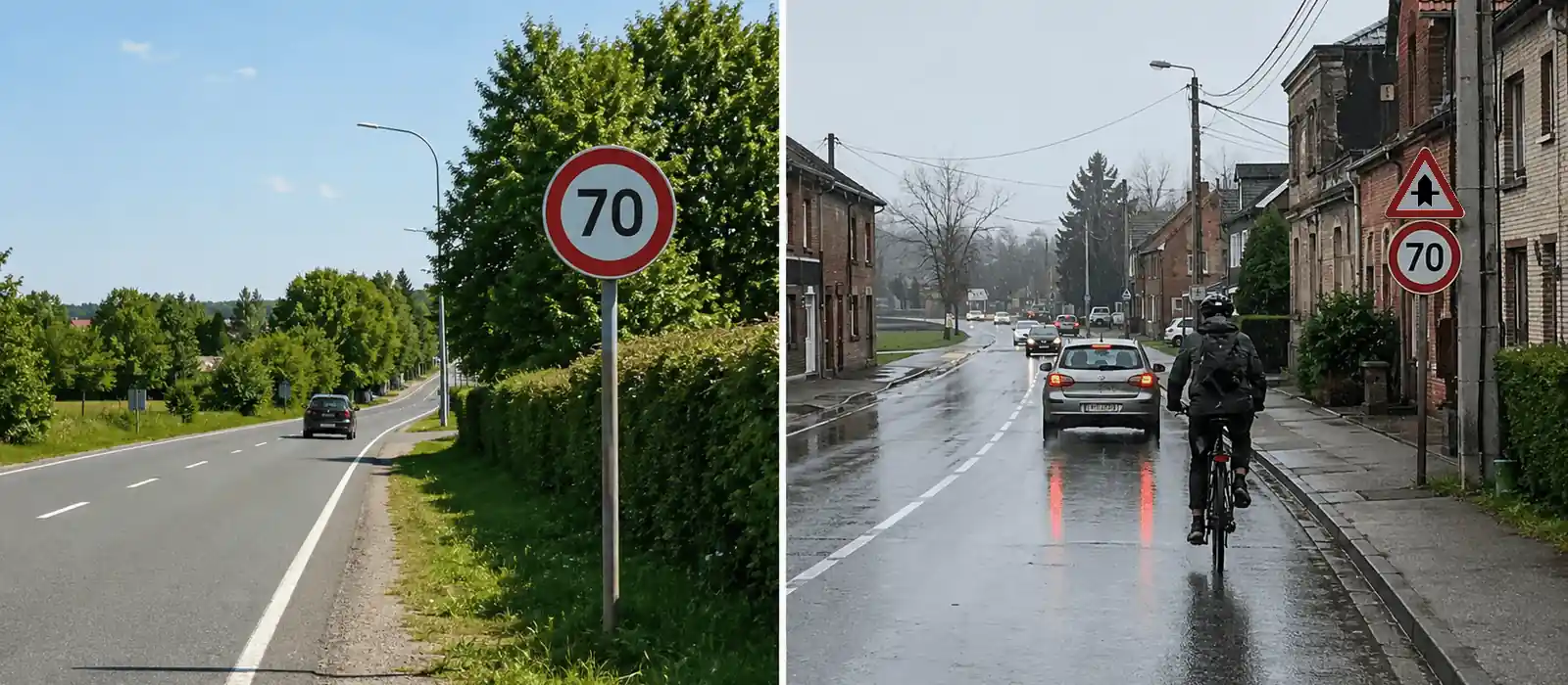 Deux routes signalées à 70 km/h : à gauche, chaussée sèche et vue dégagée ; à droite, chaussée mouillée, voitures et cycliste près du bord droit.
