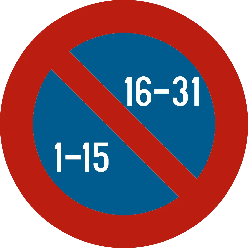 Signal E11 : disque bleu barré de rouge, avec « 1–15 » en bas à gauche et « 16–31 » en haut à droite.