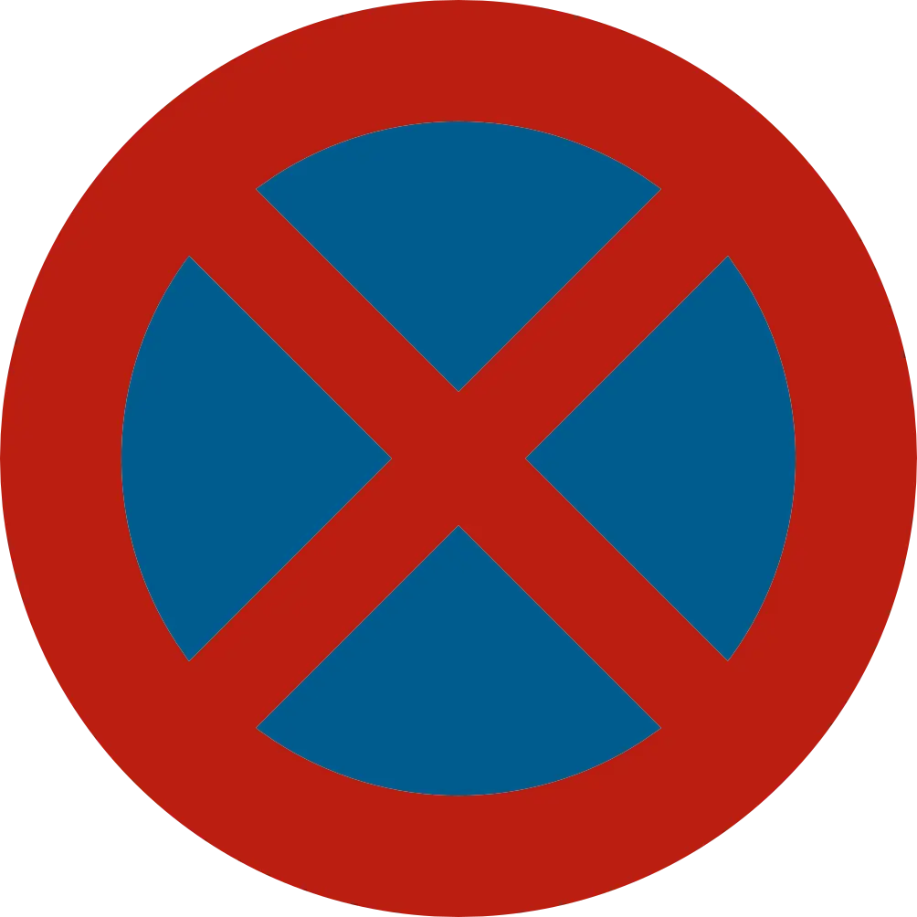 Signal E3 : disque bleu bordé de rouge et traversé par une croix rouge.