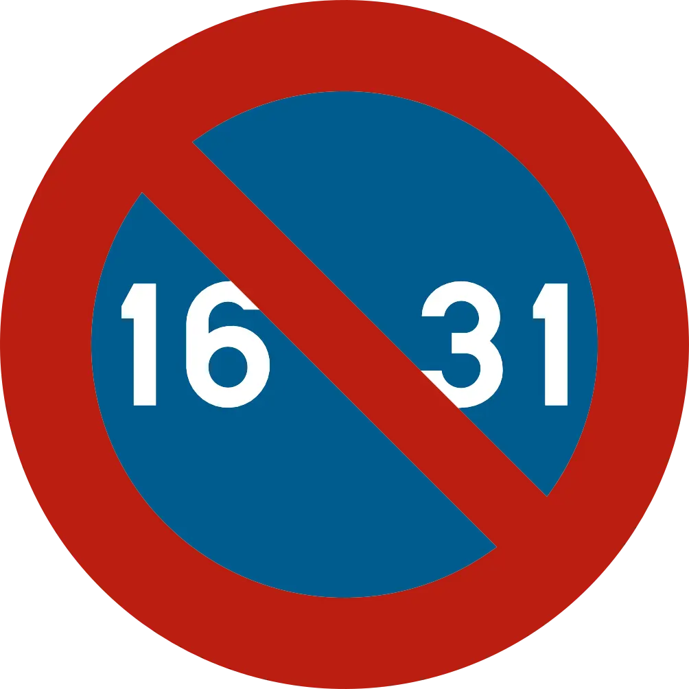 Signal E7 : disque bleu barré de rouge, avec les nombres 16 et 31.