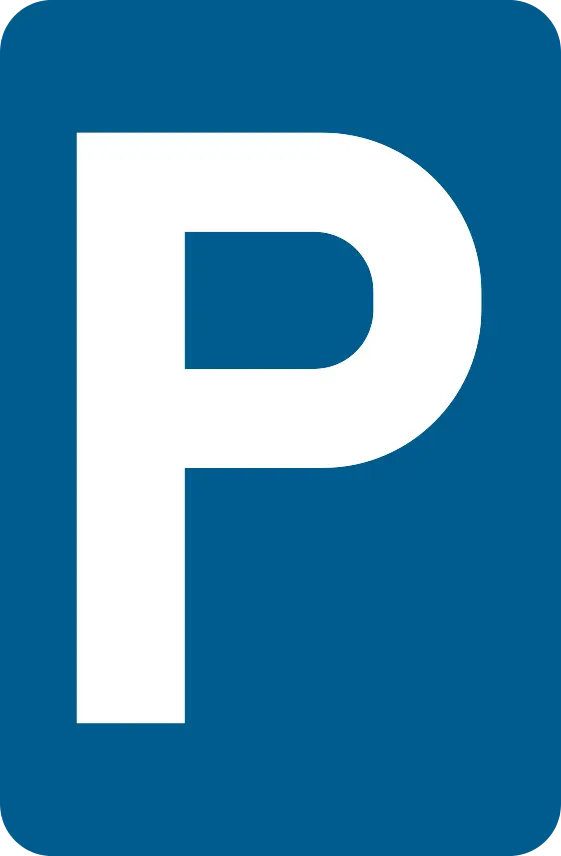 Signal E9a : panneau bleu portant un P blanc.
