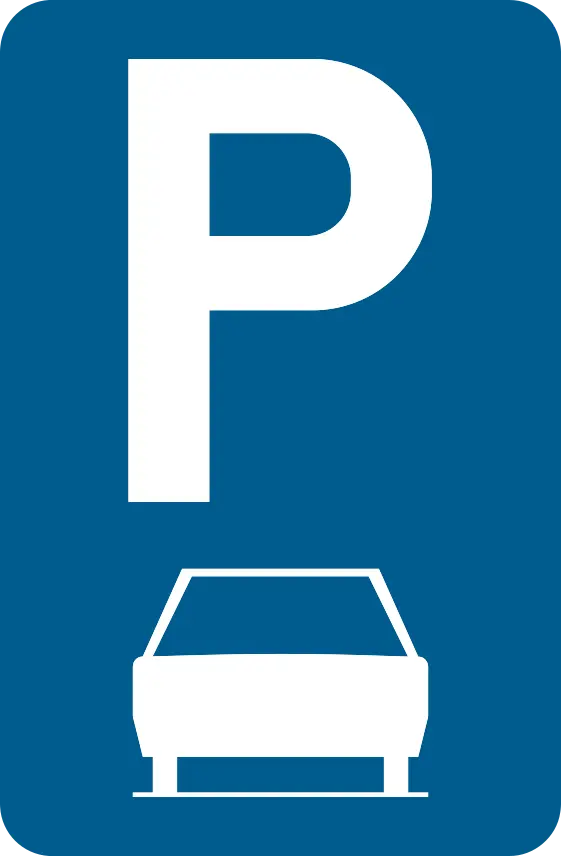 Signal E9b : P blanc au-dessus du pictogramme d’une voiture vue de face.