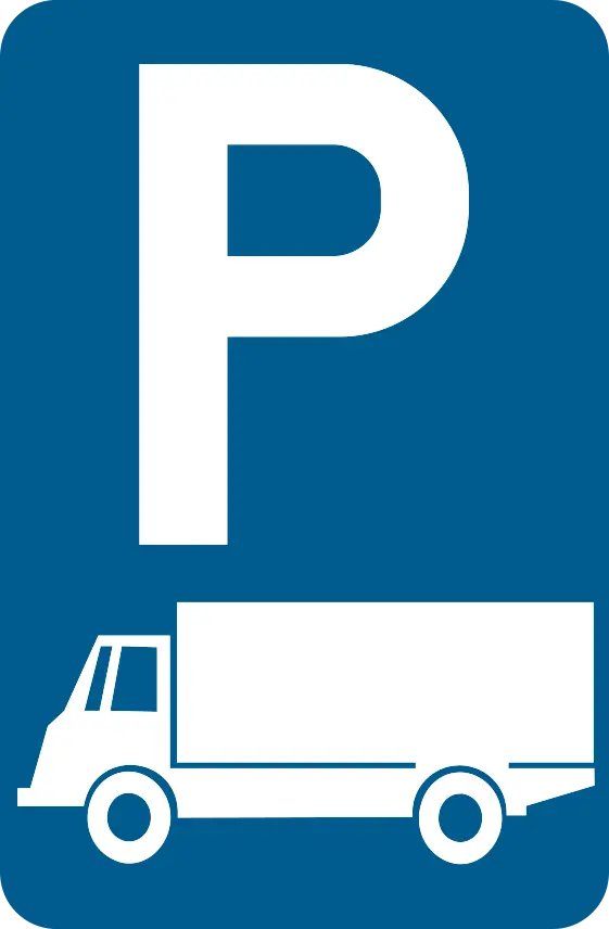 Signal E9c : P blanc au-dessus du pictogramme d’un camion.