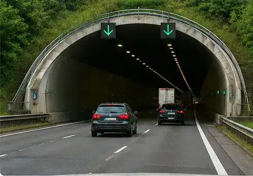 Des voitures et un camion entrent dans un tunnel à l’intérieur plus sombre, sous deux flèches vertes dirigées vers le bas.