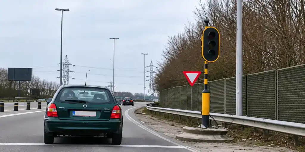 Voiture sur une voie d’accès, avec une ligne blanche transversale, un feu tricolore et un panneau « Cédez le passage » à droite.
