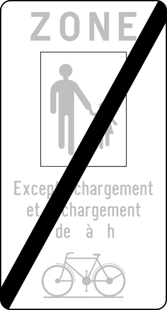 Panneau de zone piétonne grisé et barré d’une diagonale noire.