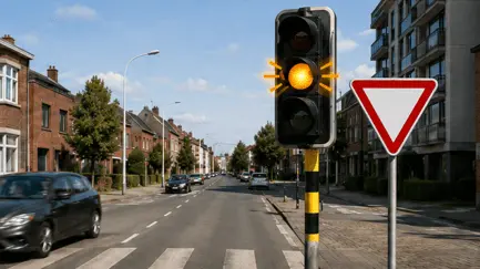 Feu jaune-orange avec des traits figurant le clignotement, à côté d’un signal « Cédez le passage ».