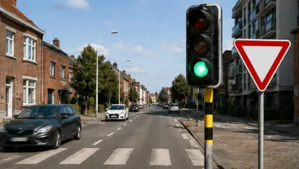 Feu vert allumé à côté d’un signal « Cédez le passage ».