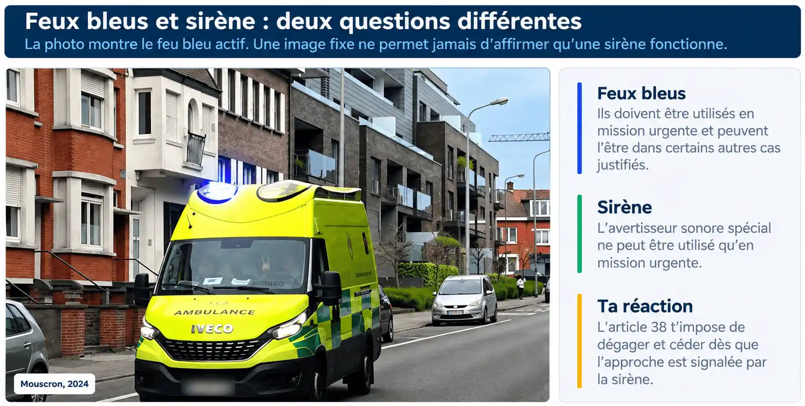 Ambulance vue de face dans une rue, avec un feu bleu allumé sur le toit.