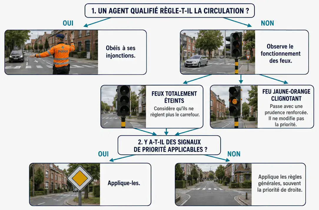 Arbre de décision en cas de feux éteints ou clignotants : agent qualifié, signaux de priorité, puis règles générales.