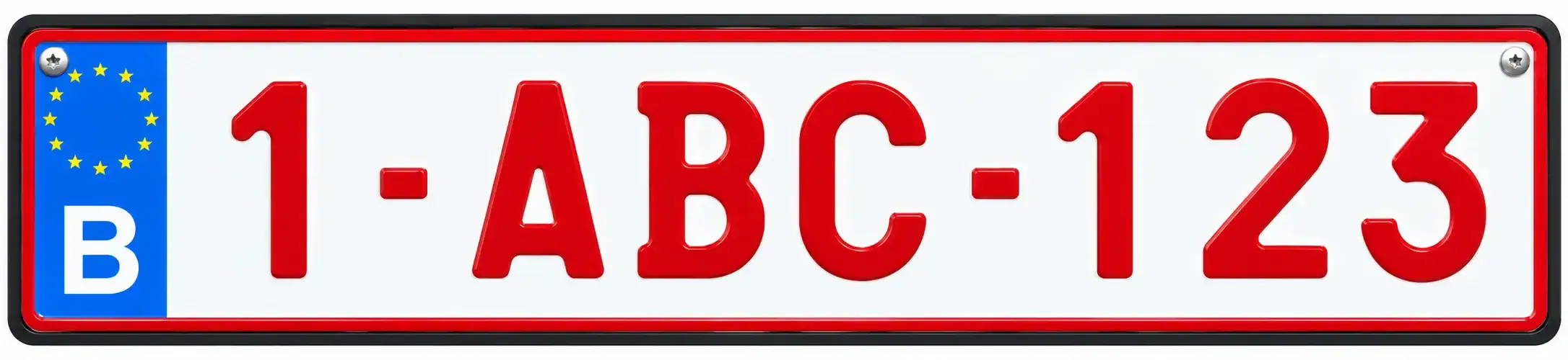 Plaque d’immatriculation belge 1-ABC-123, avec des caractères rouges sur fond blanc et une bande bleue portant la lettre B à gauche.