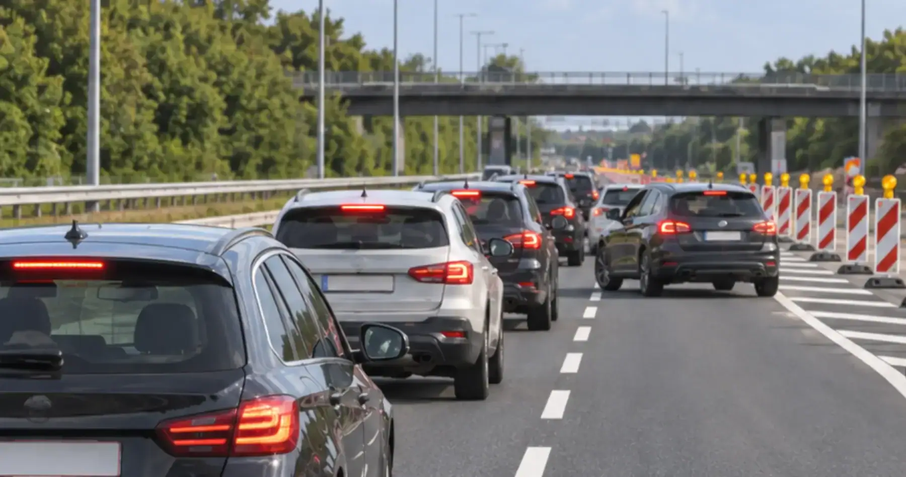 Deux files de voitures à l’approche de travaux, avec des balises rouges et blanches le long de la bande de droite.