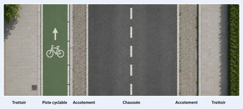 Vue de dessus, de gauche à droite : trottoir, piste cyclable avec une flèche vers le haut, accotement, chaussée divisée par une ligne discontinue, accotement et trottoir.