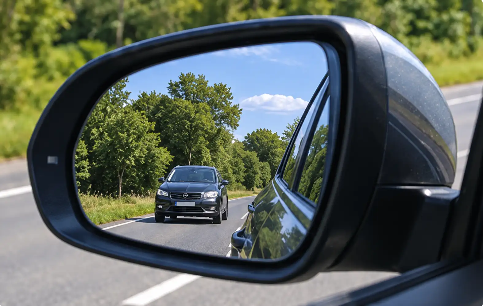 Une voiture est visible derrière le véhicule dans le rétroviseur extérieur gauche.