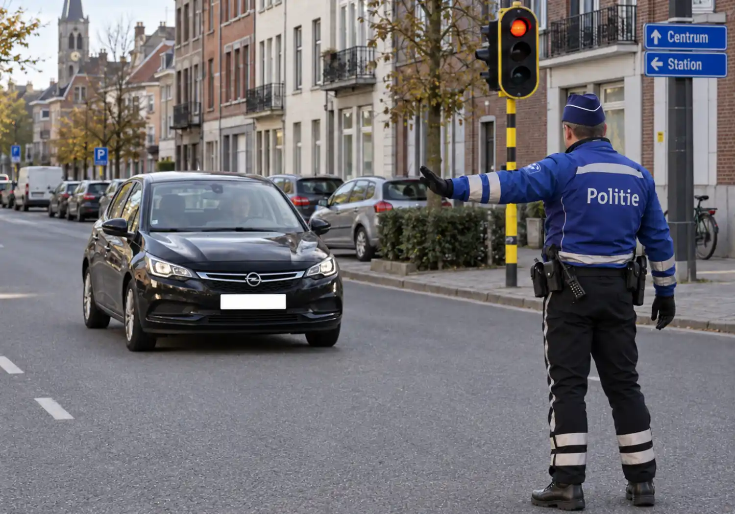 Un agent de police vu de dos tend un bras horizontalement devant une voiture.