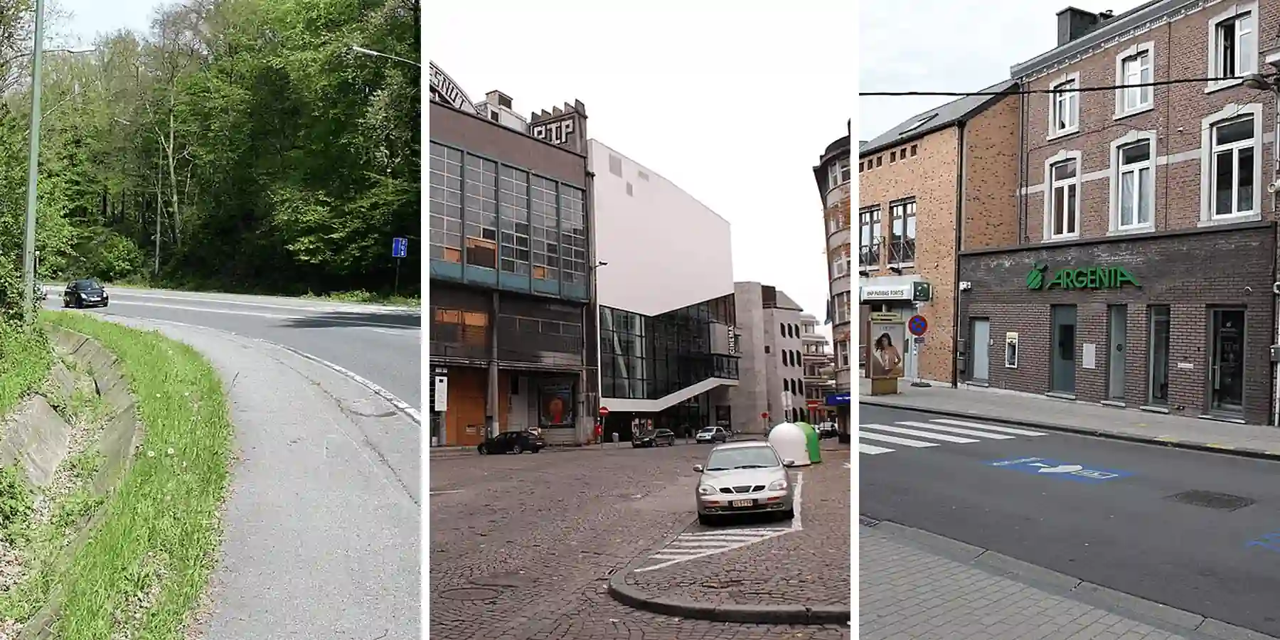 À gauche, ligne blanche continue au bord de la chaussée ; au centre, ligne blanche séparant la circulation d’un espace où une voiture est stationnée ; à droite, traits jaunes discontinus sur la bordure du trottoir.